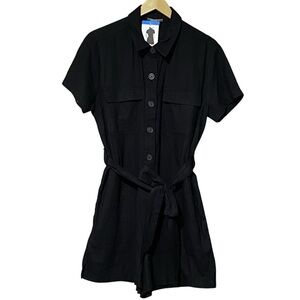 Matty M Linen Blend Button Front Romper L Black Belted Multi Pocket NWT